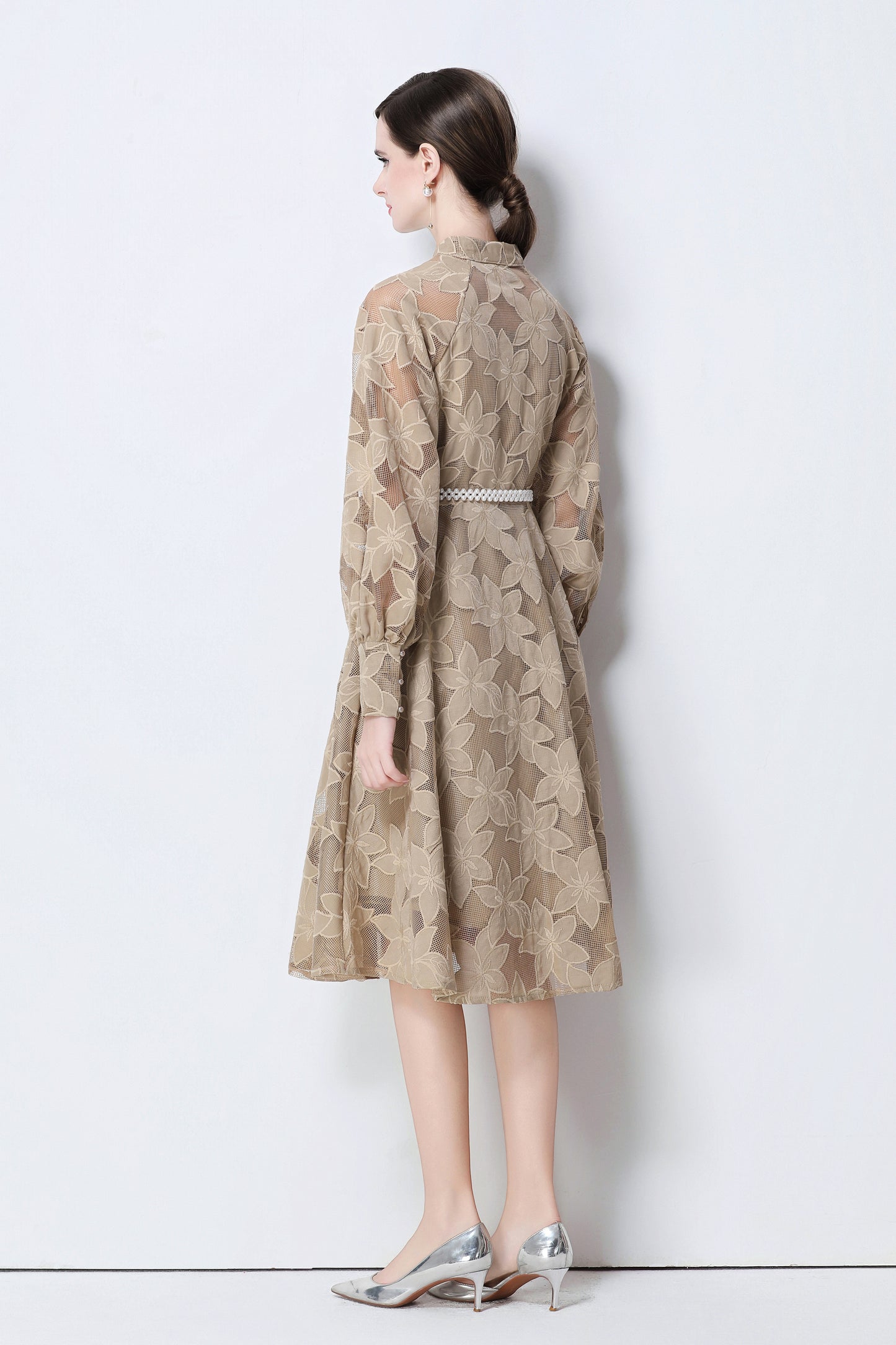 Women's Long Sleeve Eyelet Embroidery Button Midi Dress