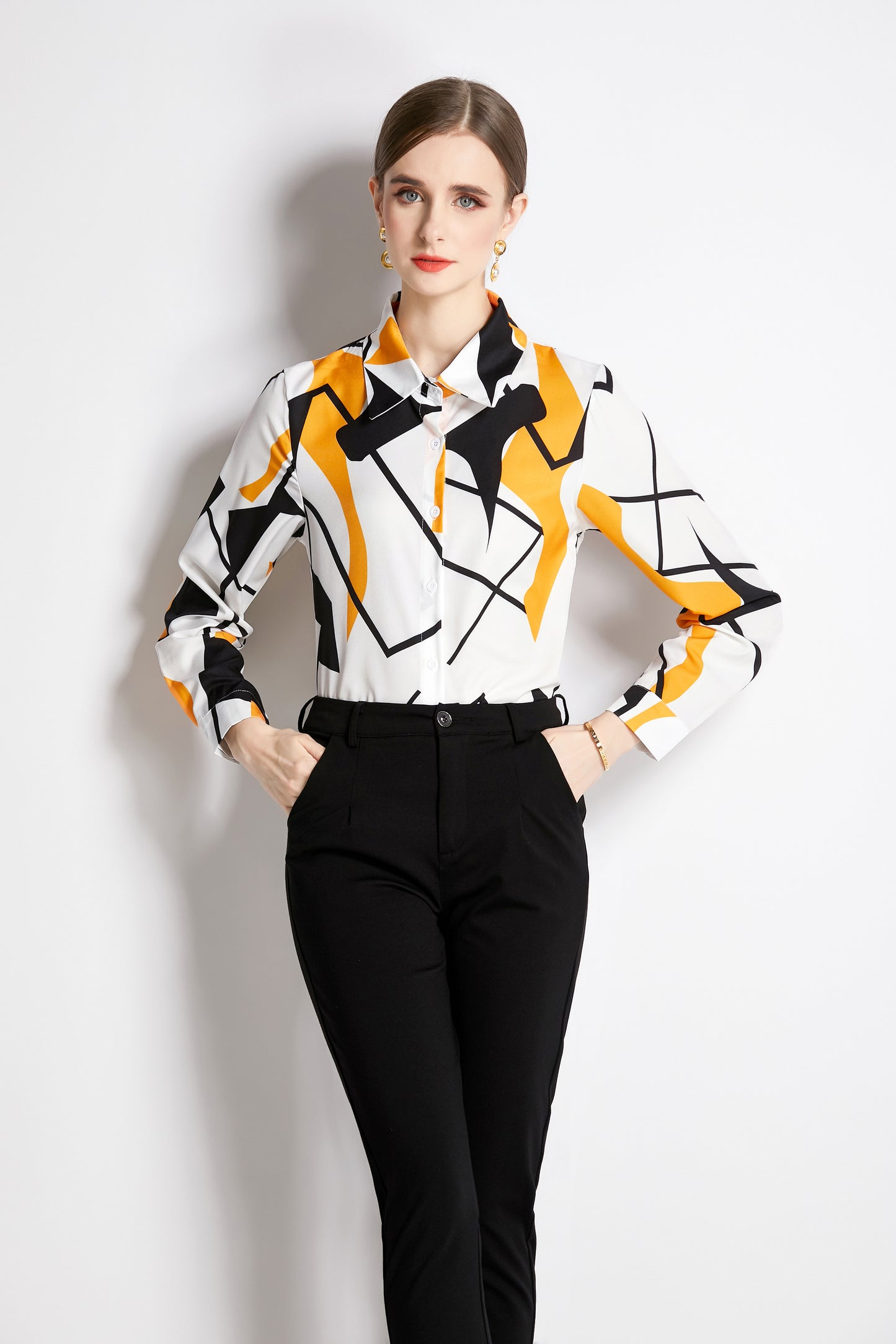 ESY-Women's Long Sleeve Lapel Collar Print Button Blouse