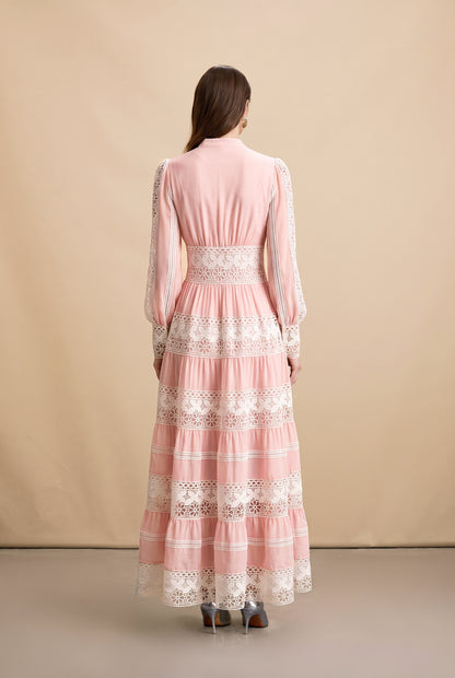 Blush Pink Lace Tiered Maxi Dress – Elegant Early Fall Occasion Dress