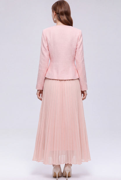 28730 Elegant Two-Piece Pleated Maxi Skirt Set – Pink, Beige & Black