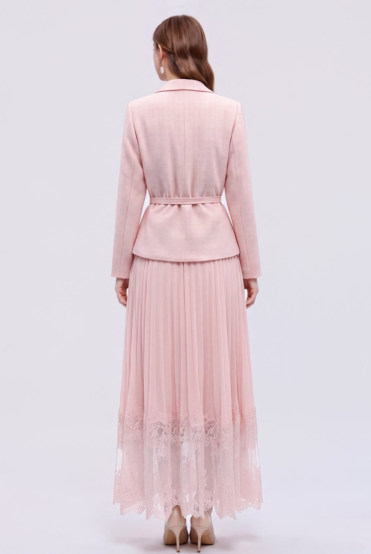 Elegant Two-Piece Pleated Skirt Suit Set for Women | Pink, Black & Beige