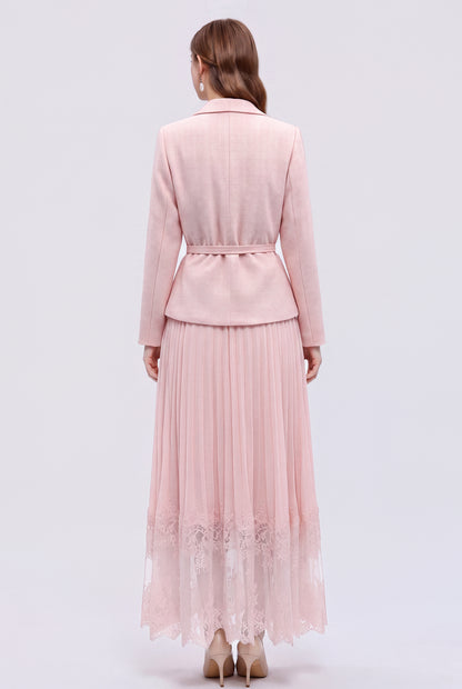 Elegant Two-Piece Pleated Skirt Suit Set for Women | Pink, Black & Beige