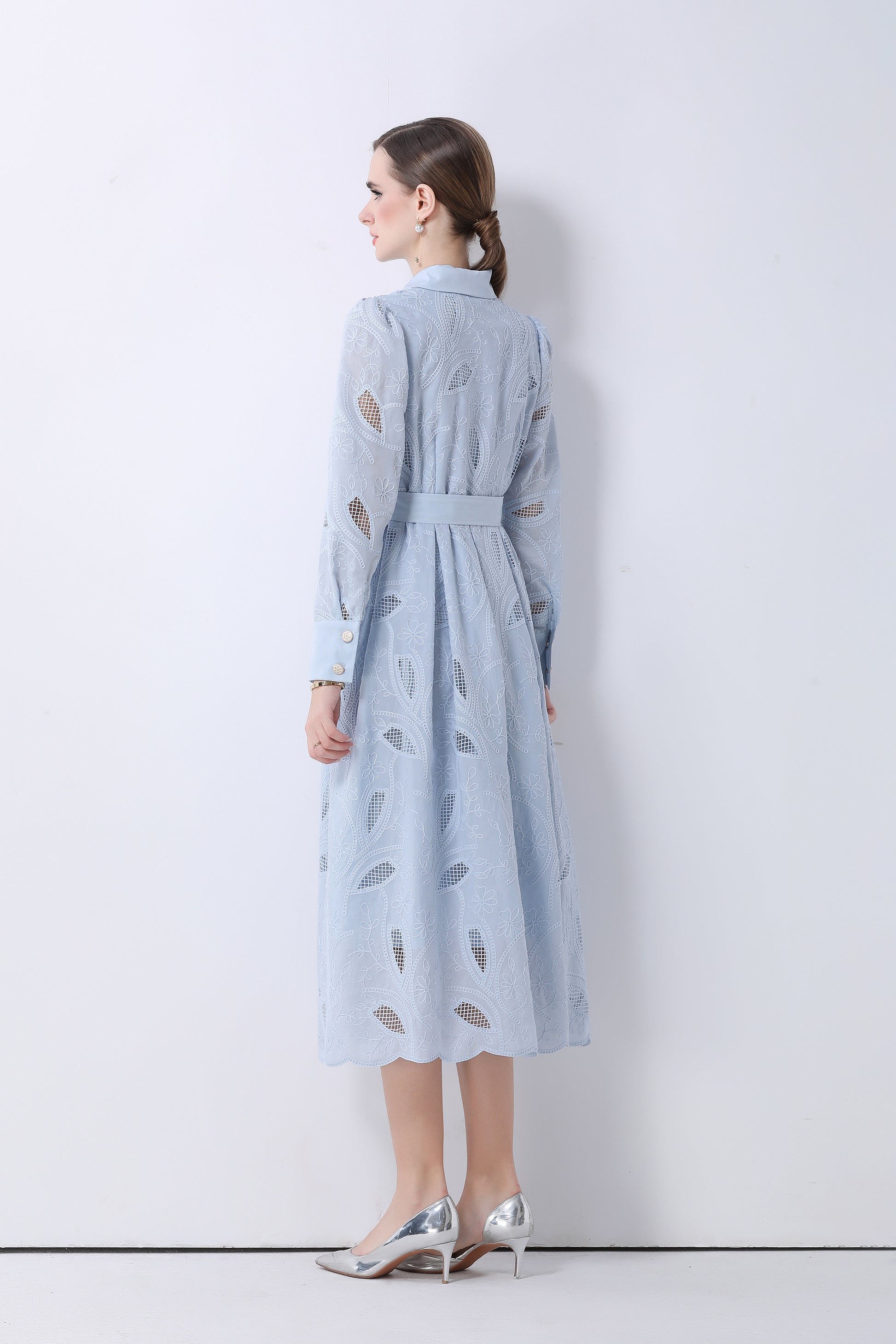 Women's Embroidery Hollow Out Lace Midi Dress - LAI MENG FIVE CATS