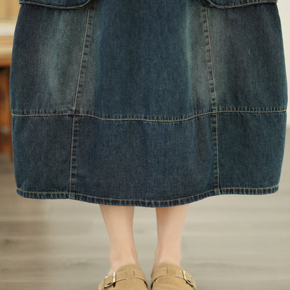 Women's Denim Drawstring Waist Pockets Jean Skirt