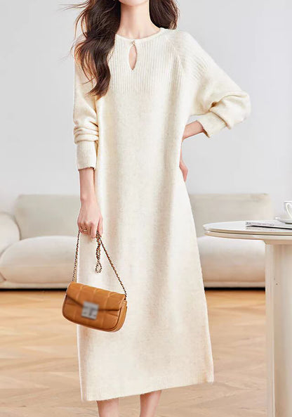 28721 Women's Keyhole Neck Knit Midi Dress – Relaxed Fit | 3 Colors