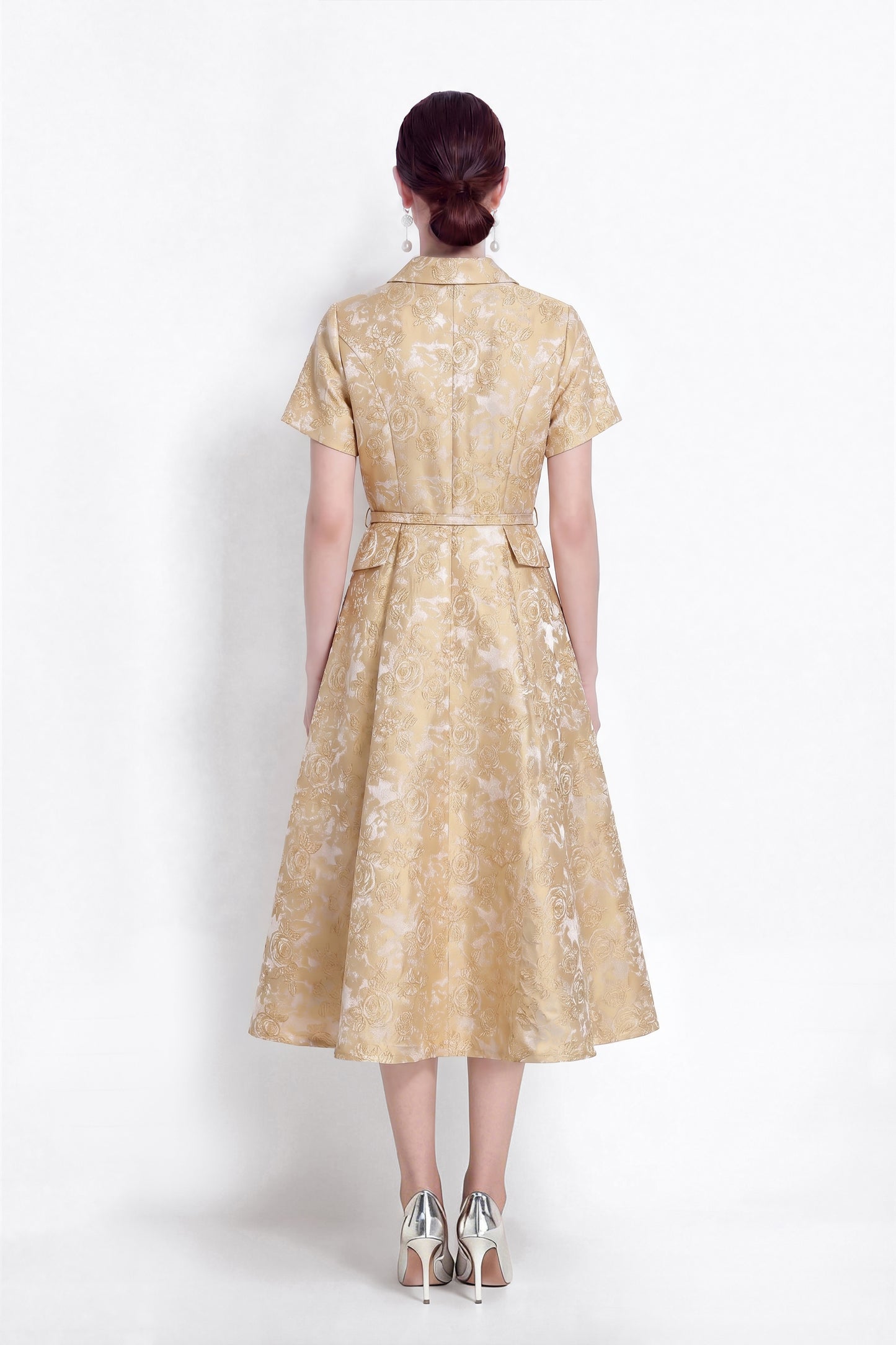 Luxury Jacquard Button-Front A-Line Midi Dress with Belt