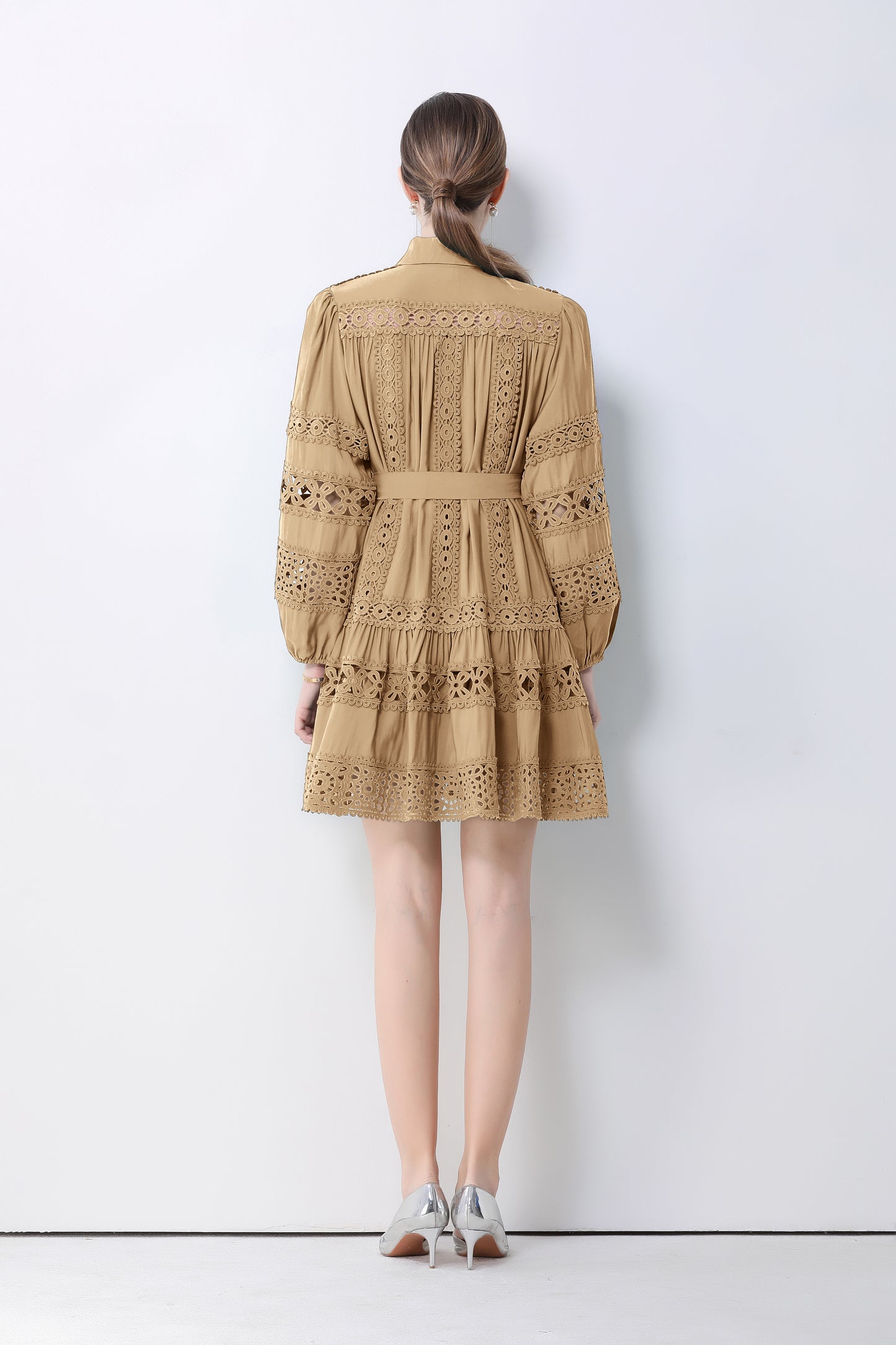 Women's Hollow Out Lace Puff Sleeve Button Mini Dress - LAI MENG FIVE CATS