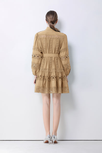 Women's Hollow Out Lace Puff Sleeve Button Mini Dress - LAI MENG FIVE CATS