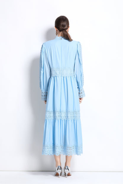 Women's Mock Neck Lantern Sleeve Lace Tiered Maxi Dress