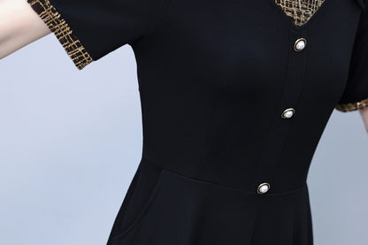 Women's Lapel V-Neck Pocket Short Sleeve Midi Dress - LAI MENG FIVE CATS