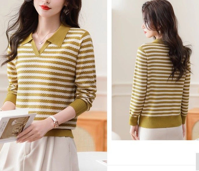 Women's Striped Sweater Lapel Ribbed Pullover Knit