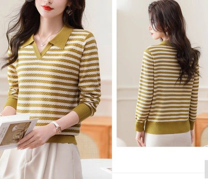 Women's Striped Sweater Lapel Ribbed Pullover Knit