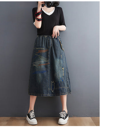 Women's Denim Drawstring Waist Pockets Jean Skirt