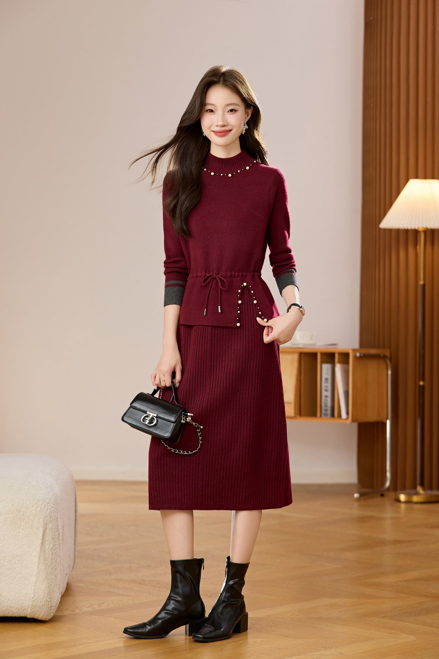 Women's Mock Neck Wool Sweater Drawstring Waist Dress