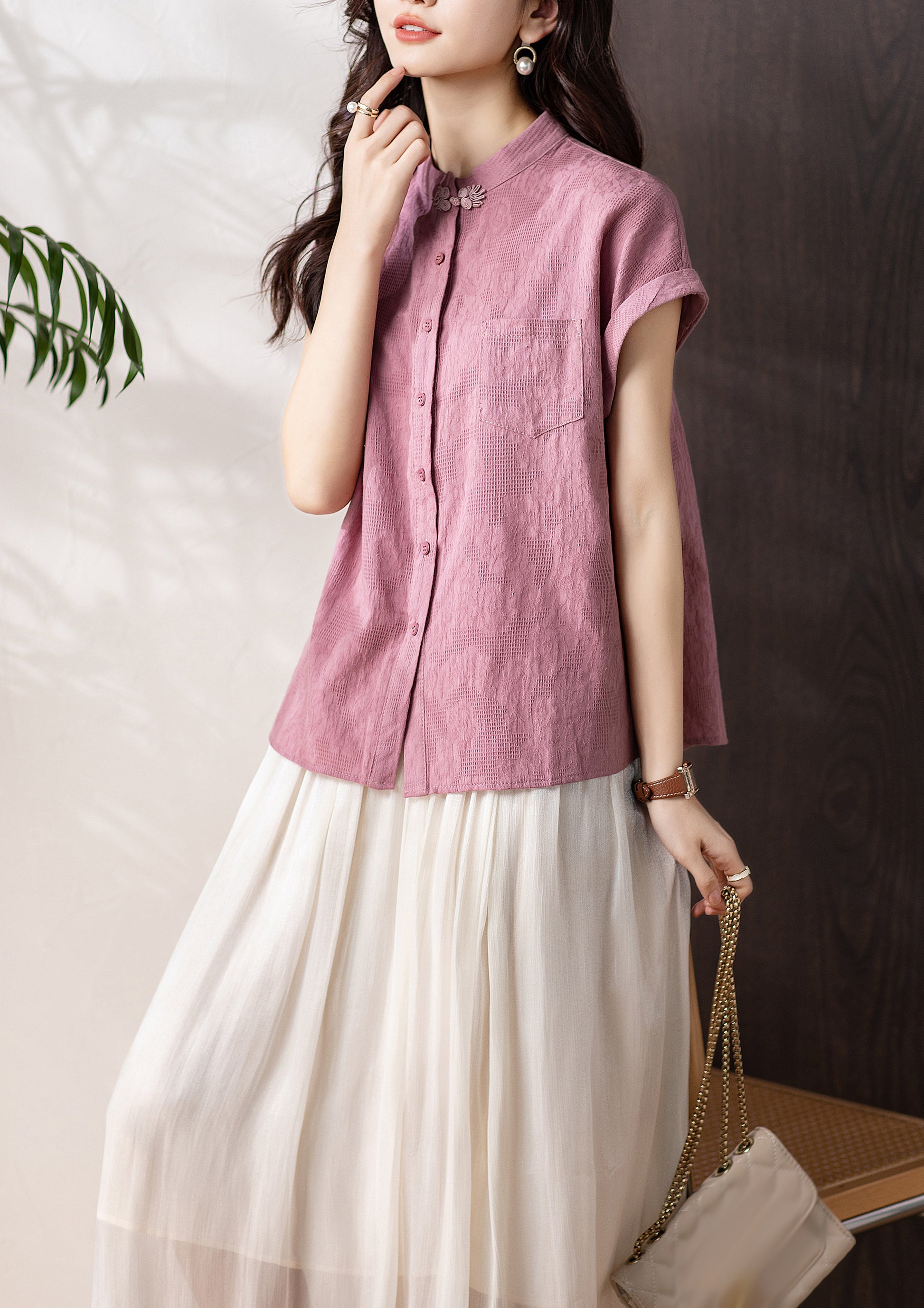 Women's Button Cap Sleeve Mandarin Collar Blouse Top - LAI MENG FIVE CATS