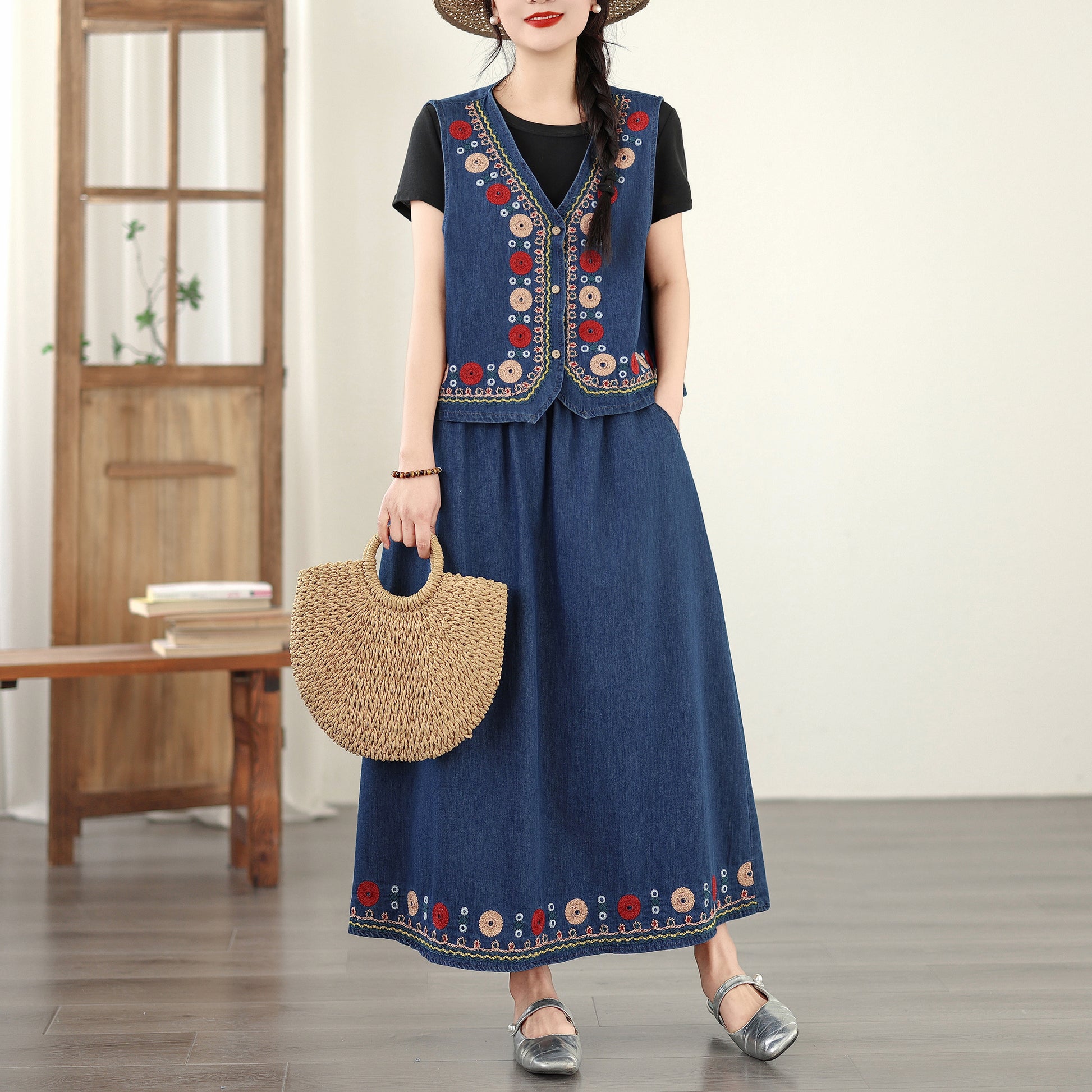 Women's Embroidered Elastic Waist Denim Jean Maxi Skirt Pocket - LAI MENG FIVE CATS