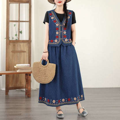 Women's Embroidered Elastic Waist Denim Jean Maxi Skirt Pocket - LAI MENG FIVE CATS