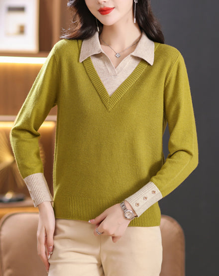 Elegant Layered Knit Sweater with Polo Collar Long Sleeve Knit Pullover - LAI MENG FIVE CATS