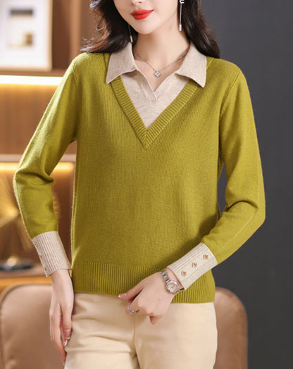Elegant Layered Knit Sweater with Polo Collar Long Sleeve Knit Pullover - LAI MENG FIVE CATS