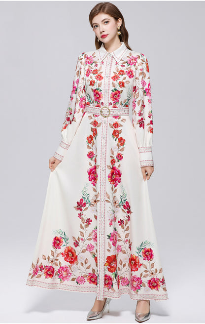 Women's Floral Print Button Maxi Dress With Belts