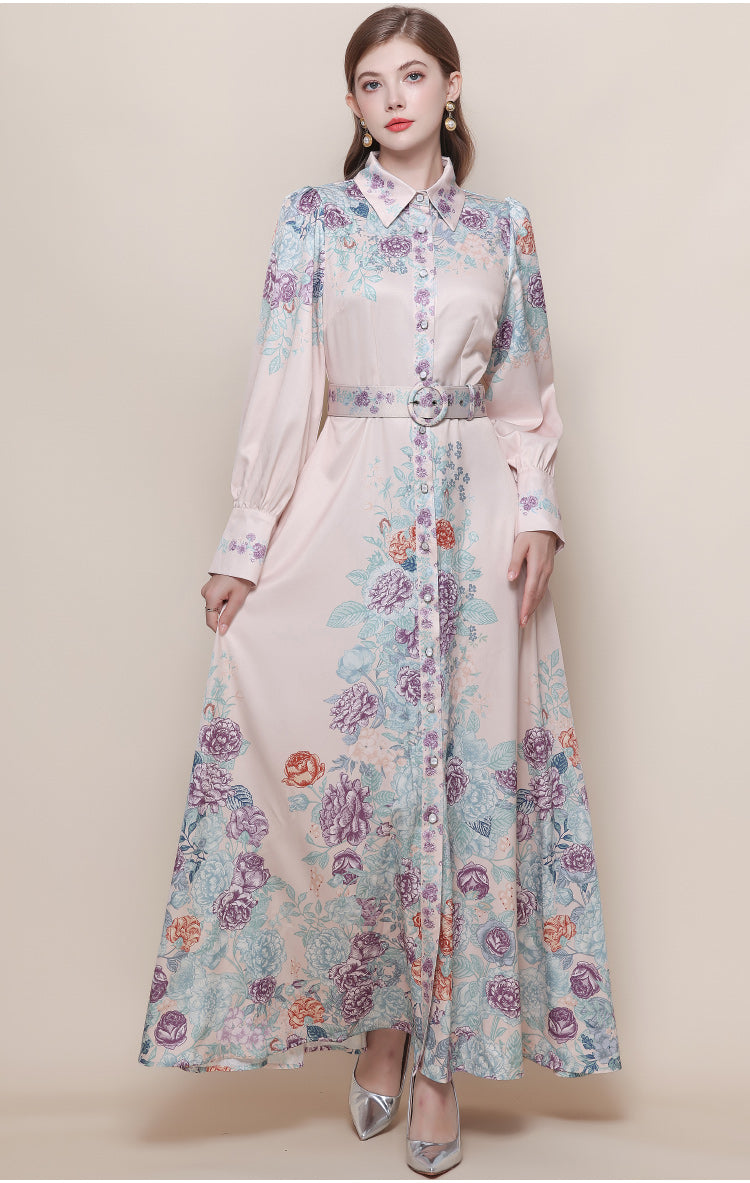 Women's Floral Print Button Maxi Dress With Belts