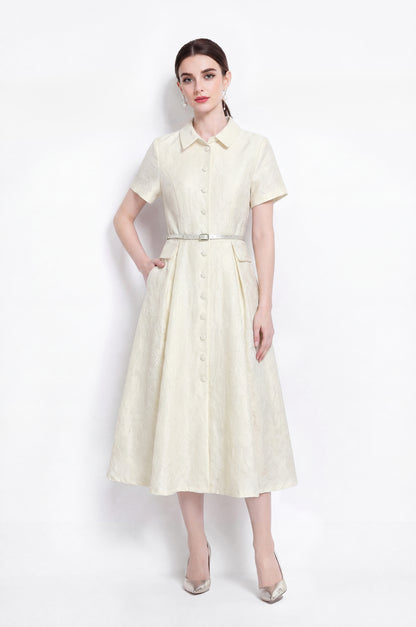 Luxury Jacquard Button-Front A-Line Midi Dress with Belt