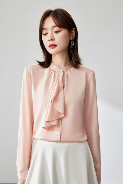 Women's Ruffle Shirt Tie Neck Long Sleeve Blouse - LAI MENG FIVE CATS