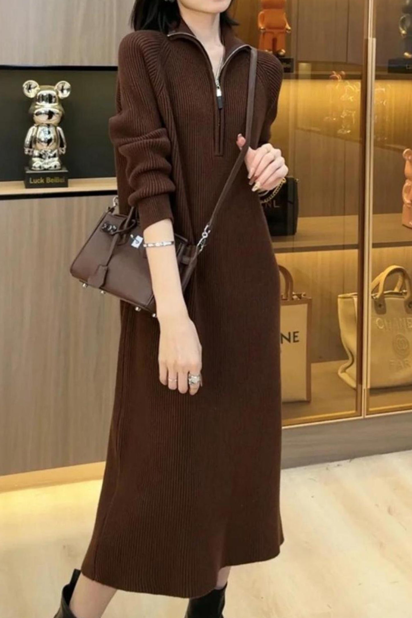 Women's Knit Long Sleeve Quarter Zip Sweater Maxi Dress