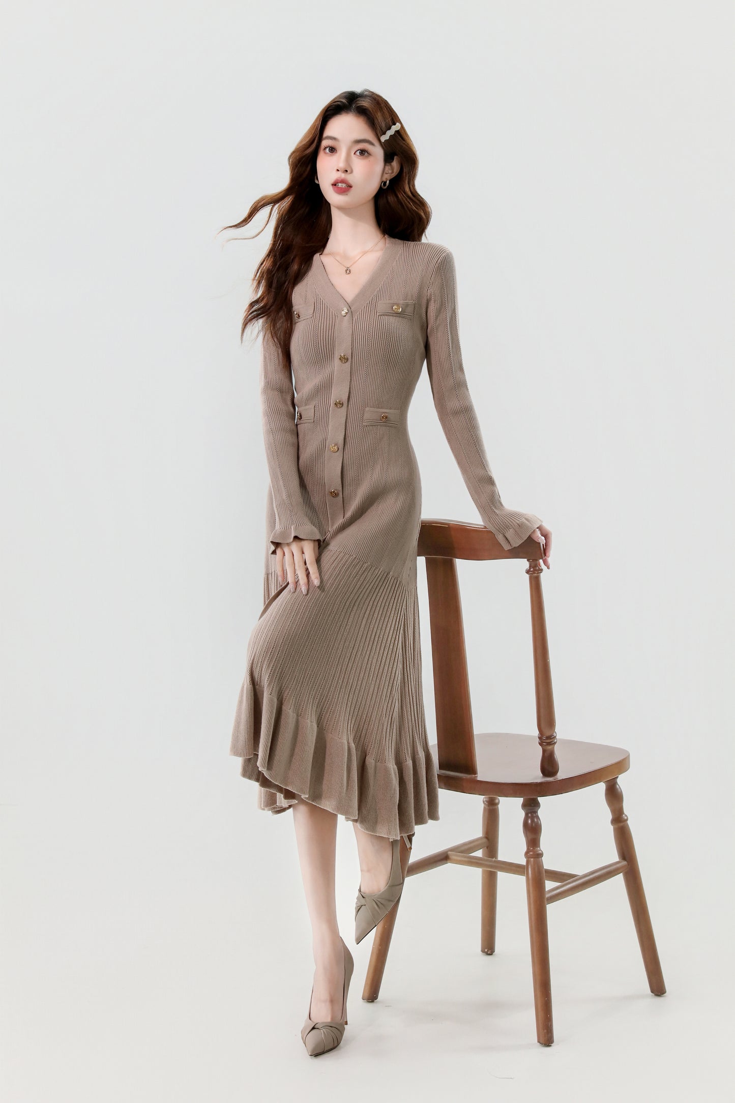 Women's V-Neck Sweater Knit Fishtail Hem Midi Dress