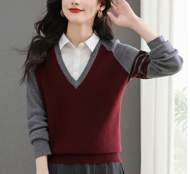 Women's V-Neck Pullover Top Striped Contrast Blouse