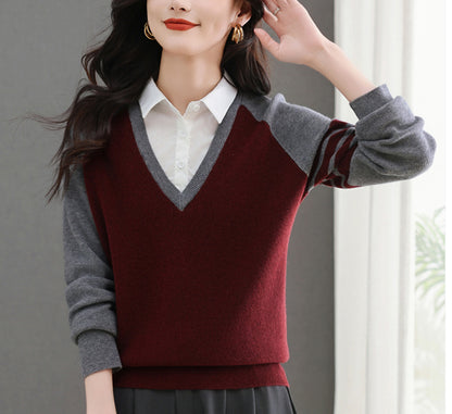 Women's V-Neck Pullover Top Striped Contrast Blouse