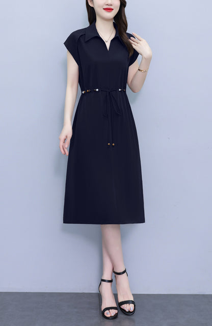 Women's V-Neck Cap Sleeve Pocket Midi Dress