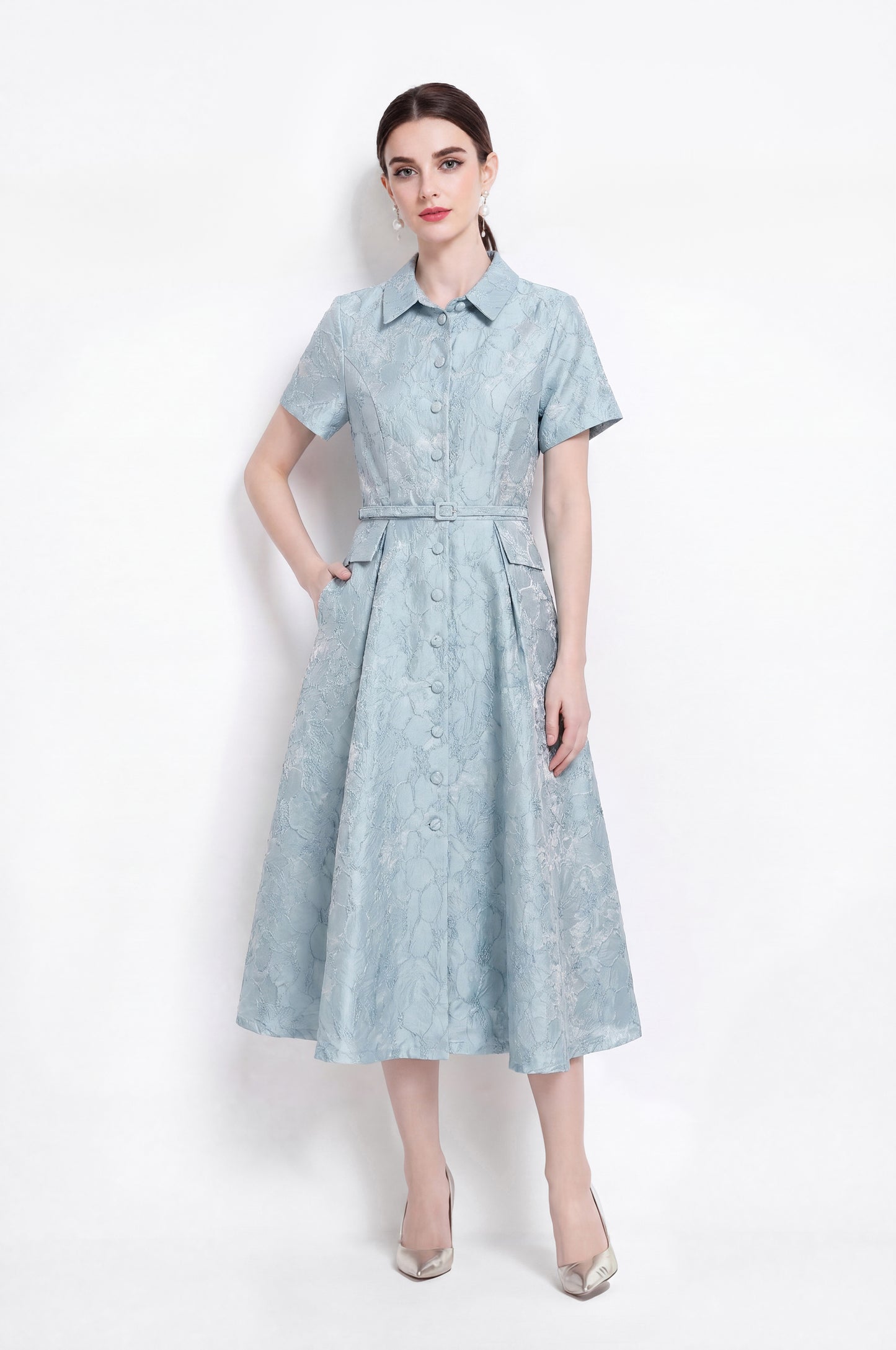 Luxury Jacquard Button-Front A-Line Midi Dress with Belt