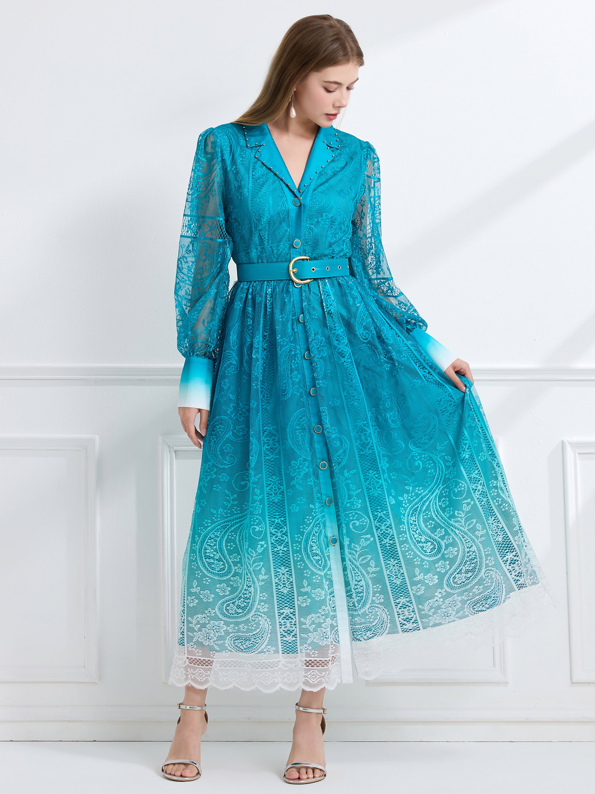 Women's V-Neck Button Lace Maxi Dress - LAI MENG FIVE CATS