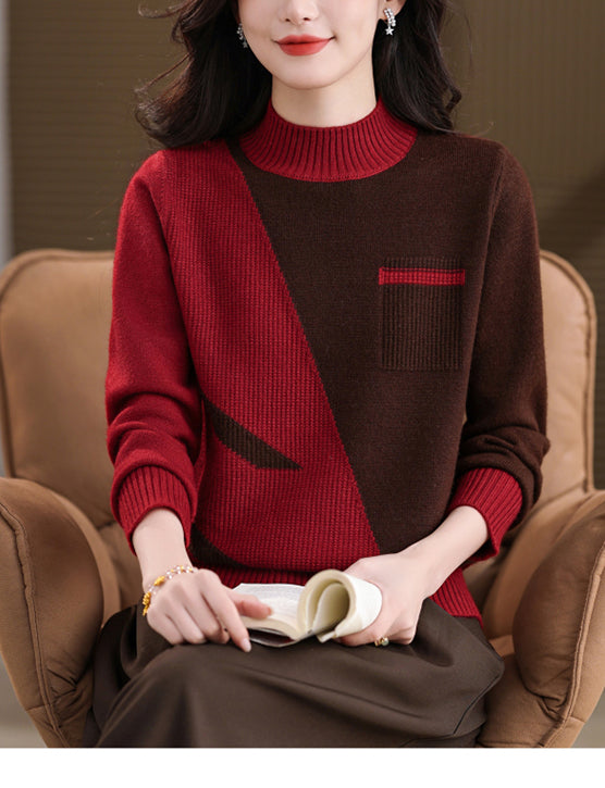 Women's Color Block Sweater Long Sleeve Ribbed Knit Tops