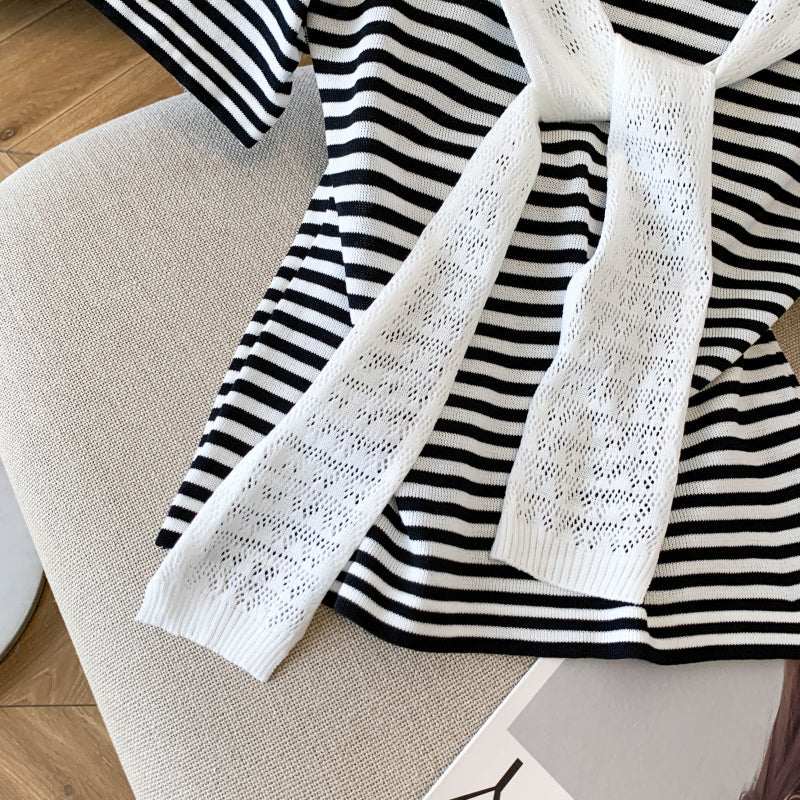 Coastal Stripe Knit Top with Scarf Tie Detail – Lightweight Summer Essential