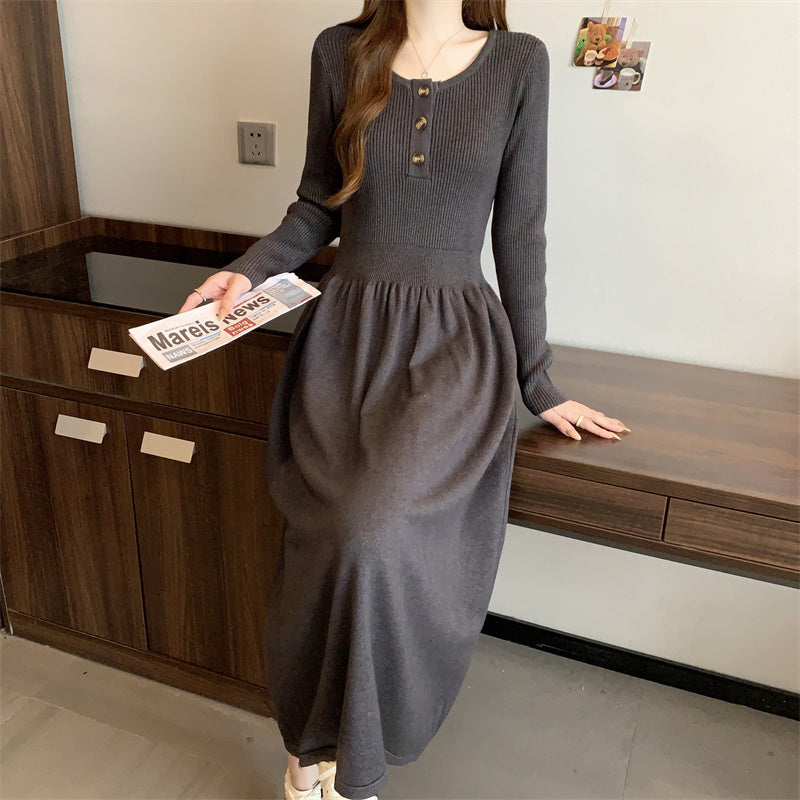 Women's Long Sleeve Button A Line Ribbed Knit Maxi Dress