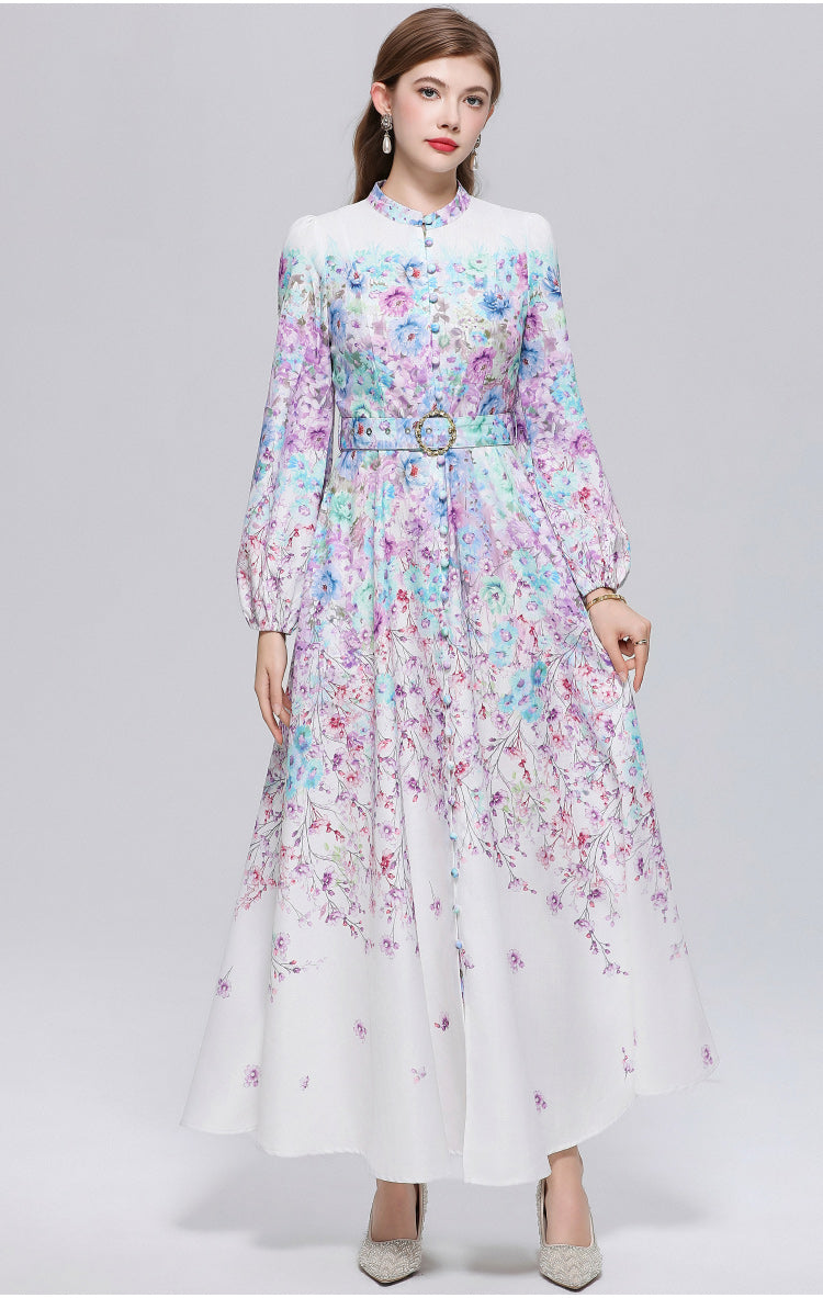 Women's Lantern Sleeve Floral Print Button Maxi Dress With Belts