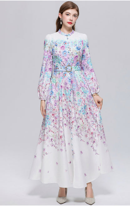 Women's Lantern Sleeve Floral Print Button Maxi Dress With Belts