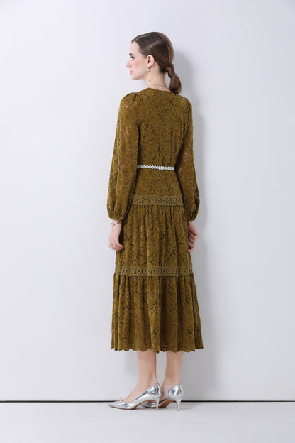 Women's V-Neck Puff Sleeves Button Lace Midi Dress