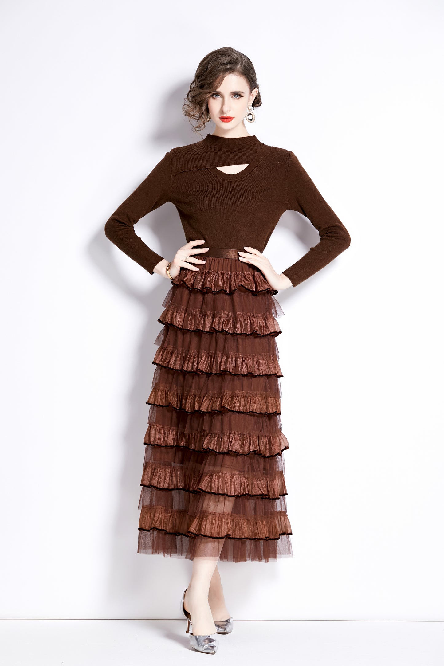 Women's 2 Piece Skirt Set Knit Top Ruffle Layered Skirt