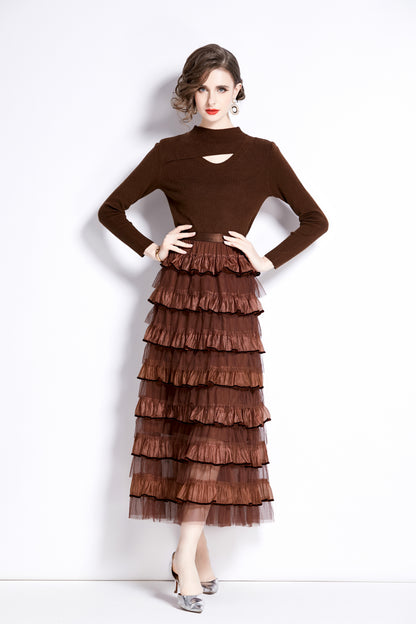 Women's 2 Piece Skirt Set Knit Top Ruffle Layered Skirt