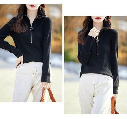 Women's Quarter Zip Pullover Sweaters Collared Knit Top