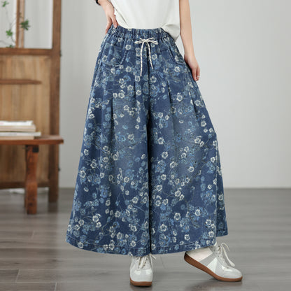 Women's Wide Leg Jeans Baggy Floral Wasited Elastic Pants - LAI MENG FIVE CATS
