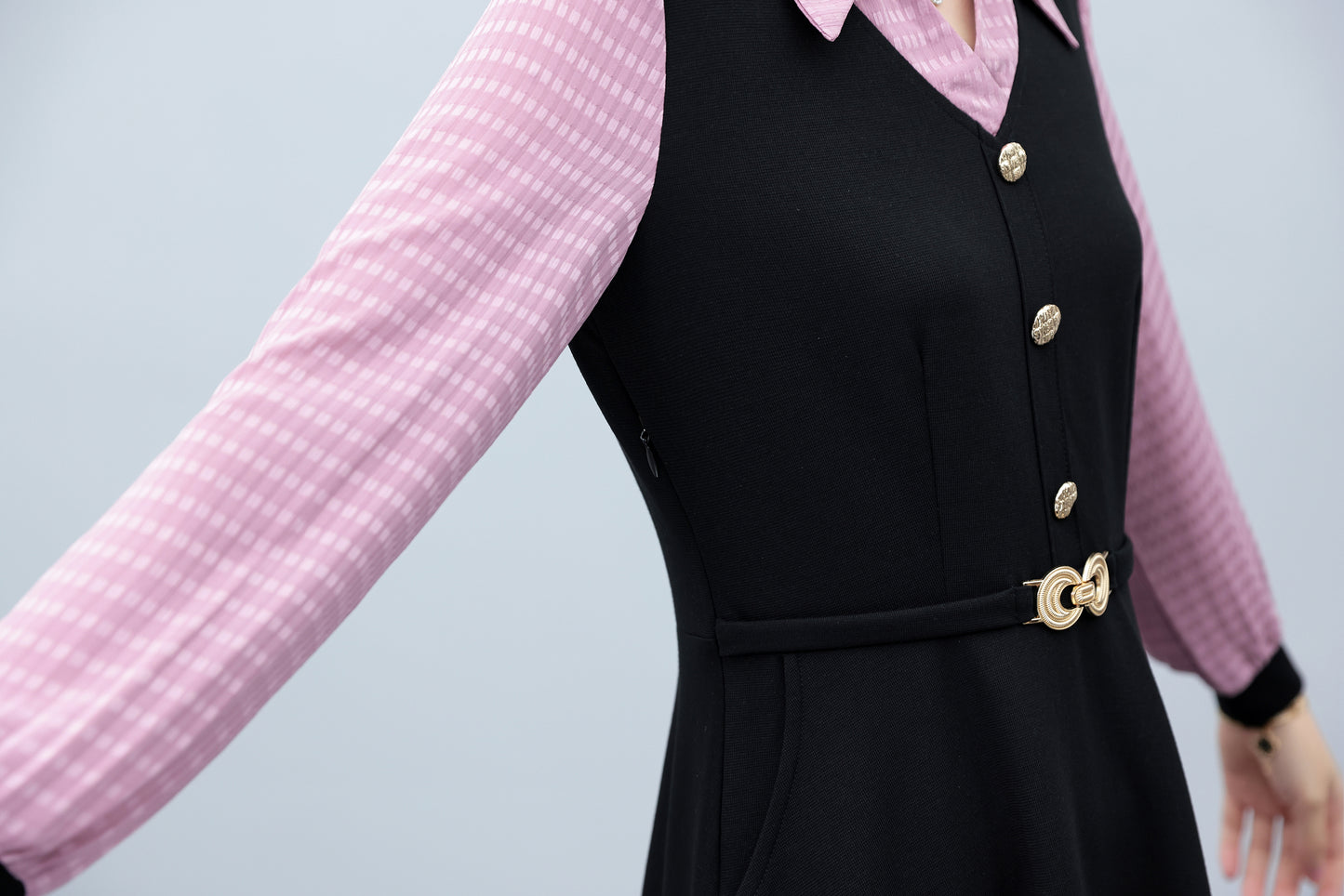 Women's Lapel V-Neck Pocket Long Sleeve Black Dress