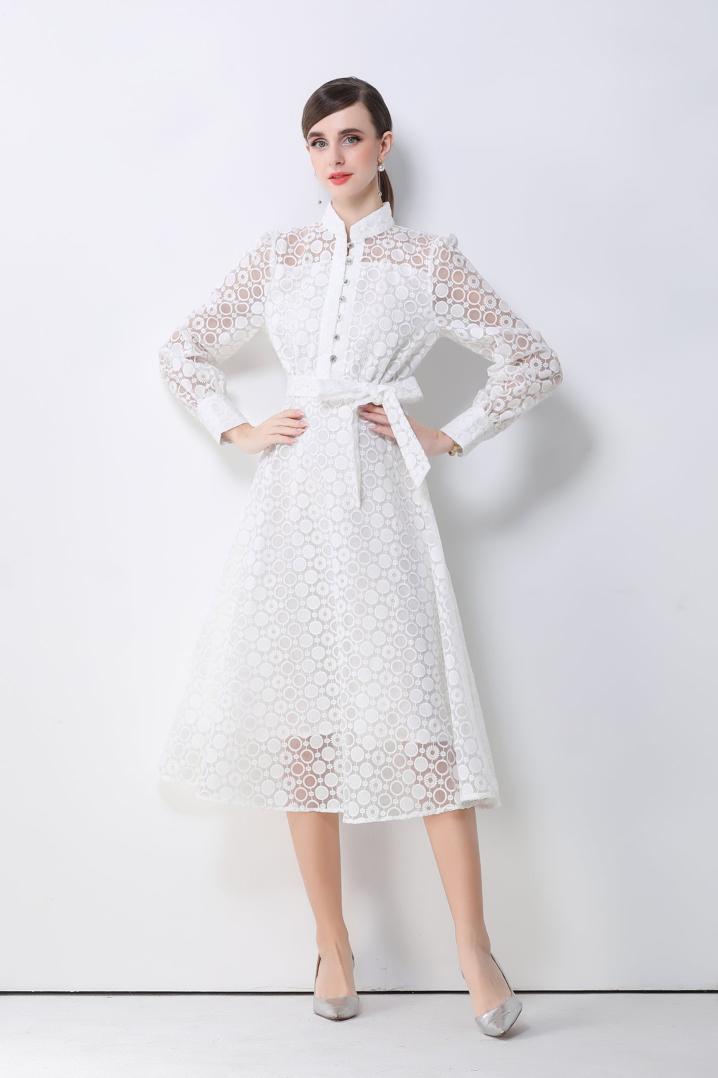 Women's Lace Lantern Sleeve Button Midi Dress