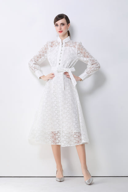 Women's Lace Lantern Sleeve Button Midi Dress
