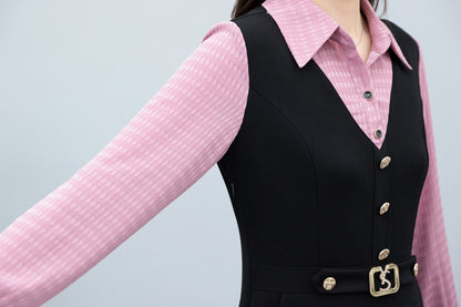 Women's Lapel V-Neck Pocket Long Sleeve Black Dress