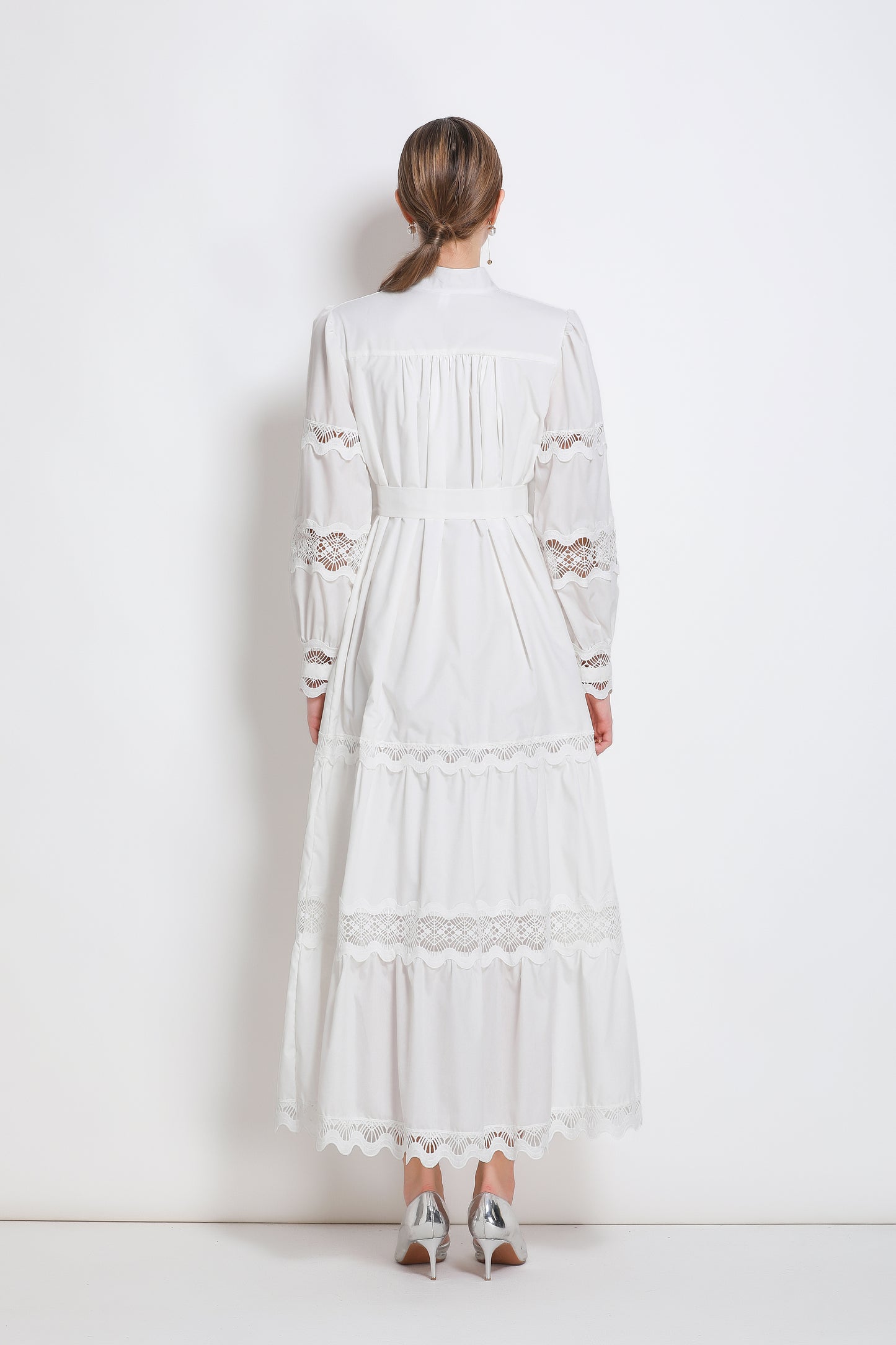 Women's V-Neck Puff Sleeve Lace Tiered Maxi Dress