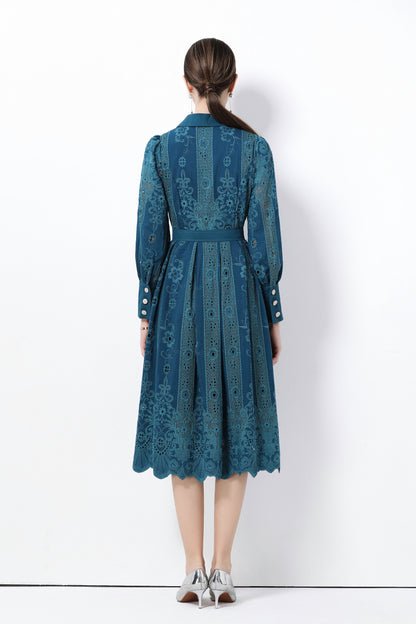 Women's Puff Sleeve Lace Hollow Out Midi Dress